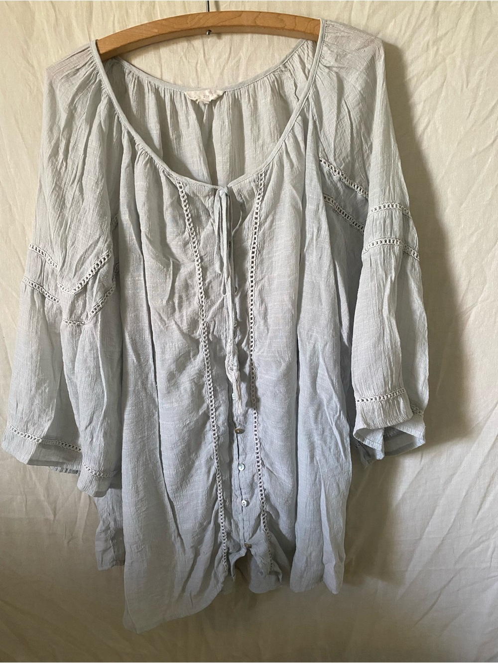 Adiva Light Blue Boho Peasant Blouse w/ Eyelet Detailing - Large